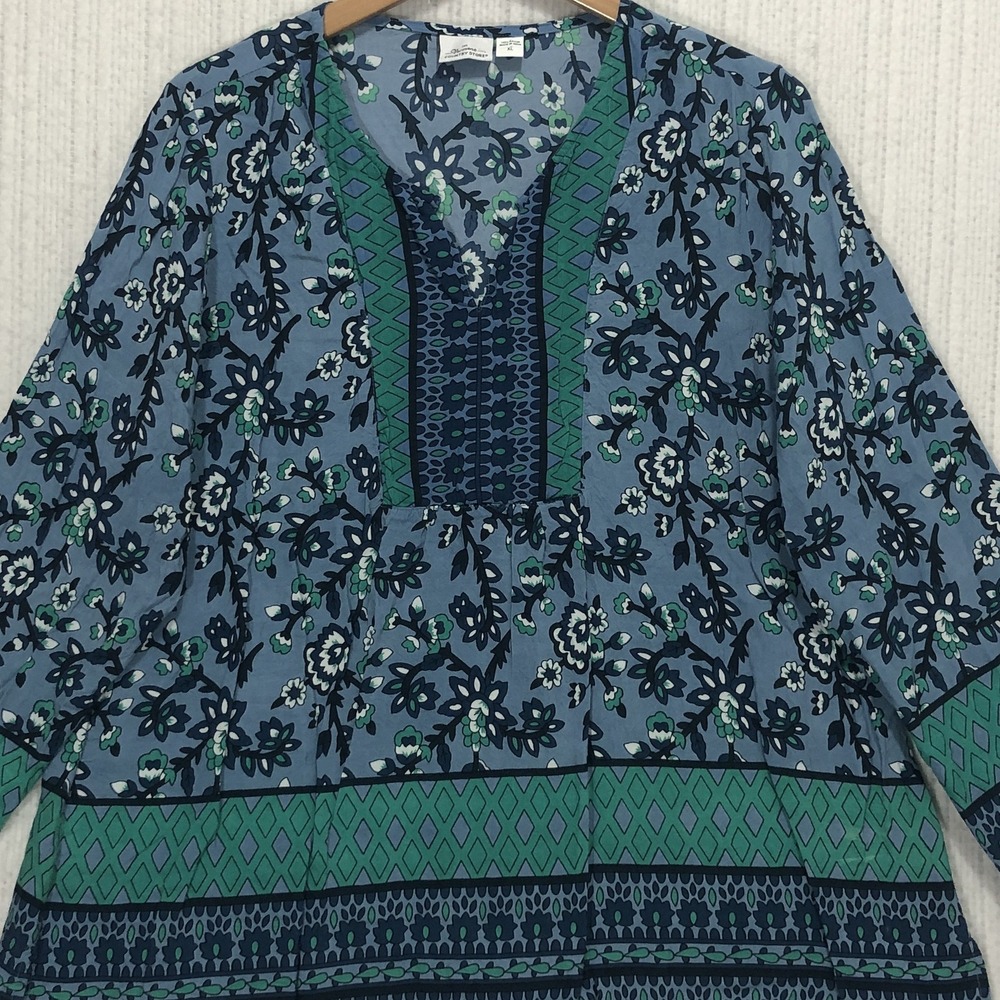 Vermont Country Store Blue Green Floral Rayon Tunic Top XL Long Sleeve Boho